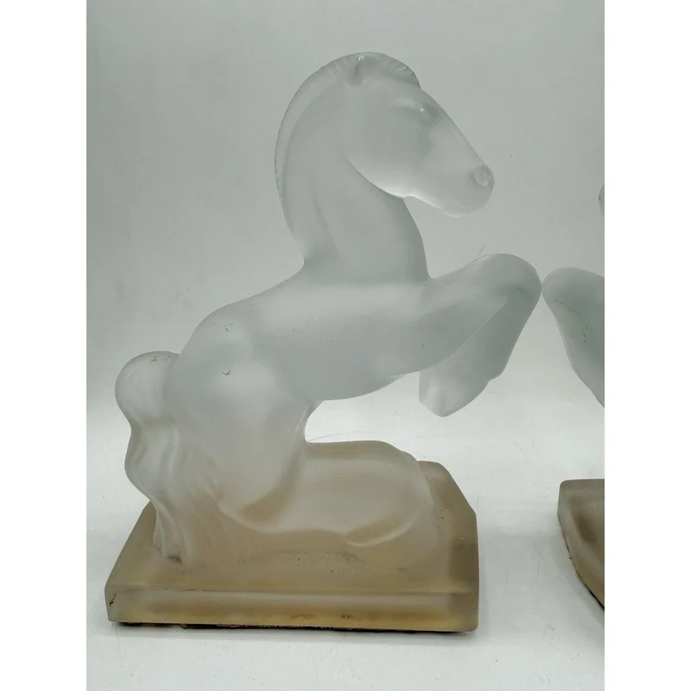 Vintage Frosted Glass Rearing Horse Bookends Art Deco Pair 8